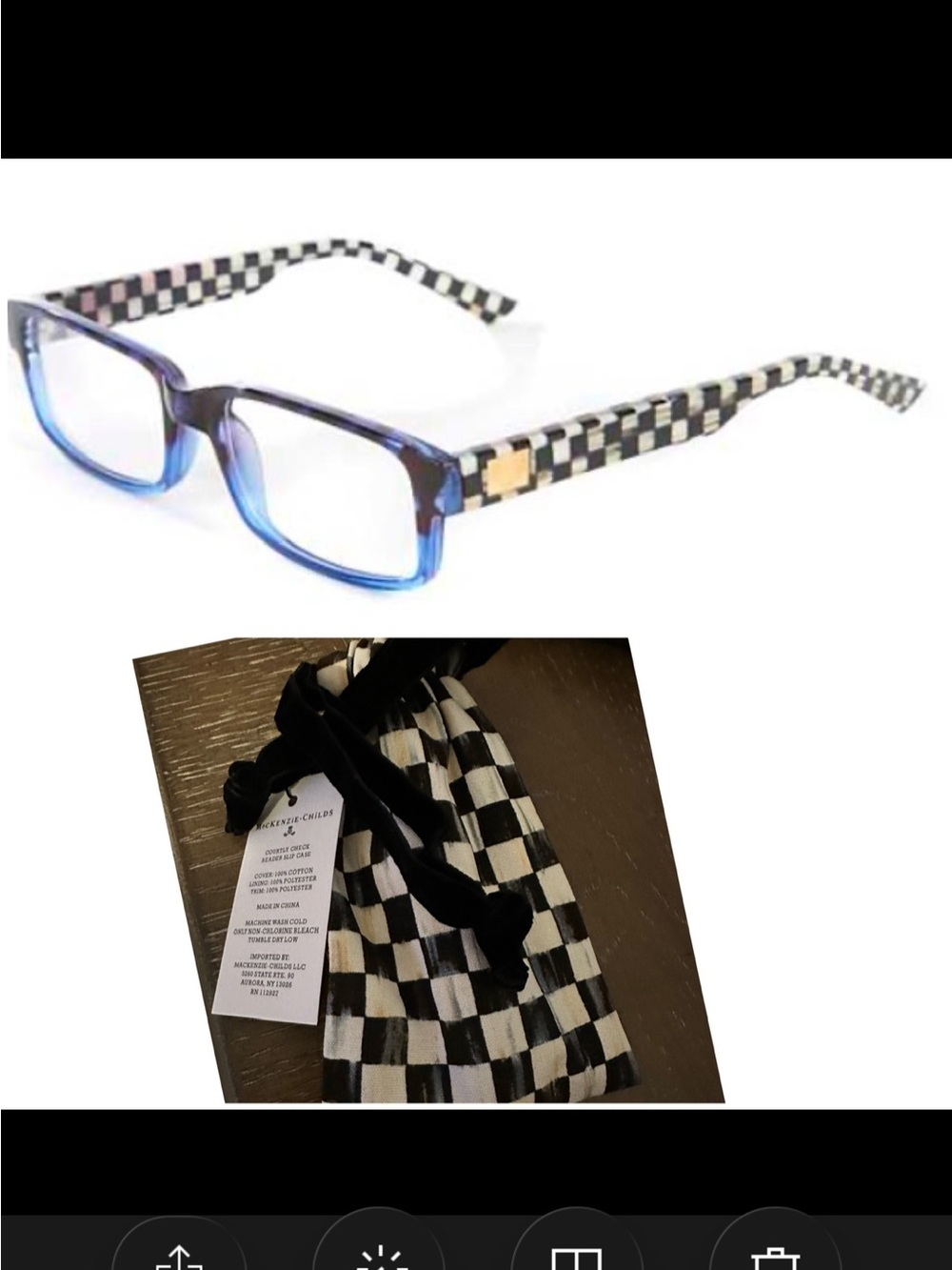 MacKenzie-Childs Black & White Courtly Check with Blue Gradient Reading Glasses